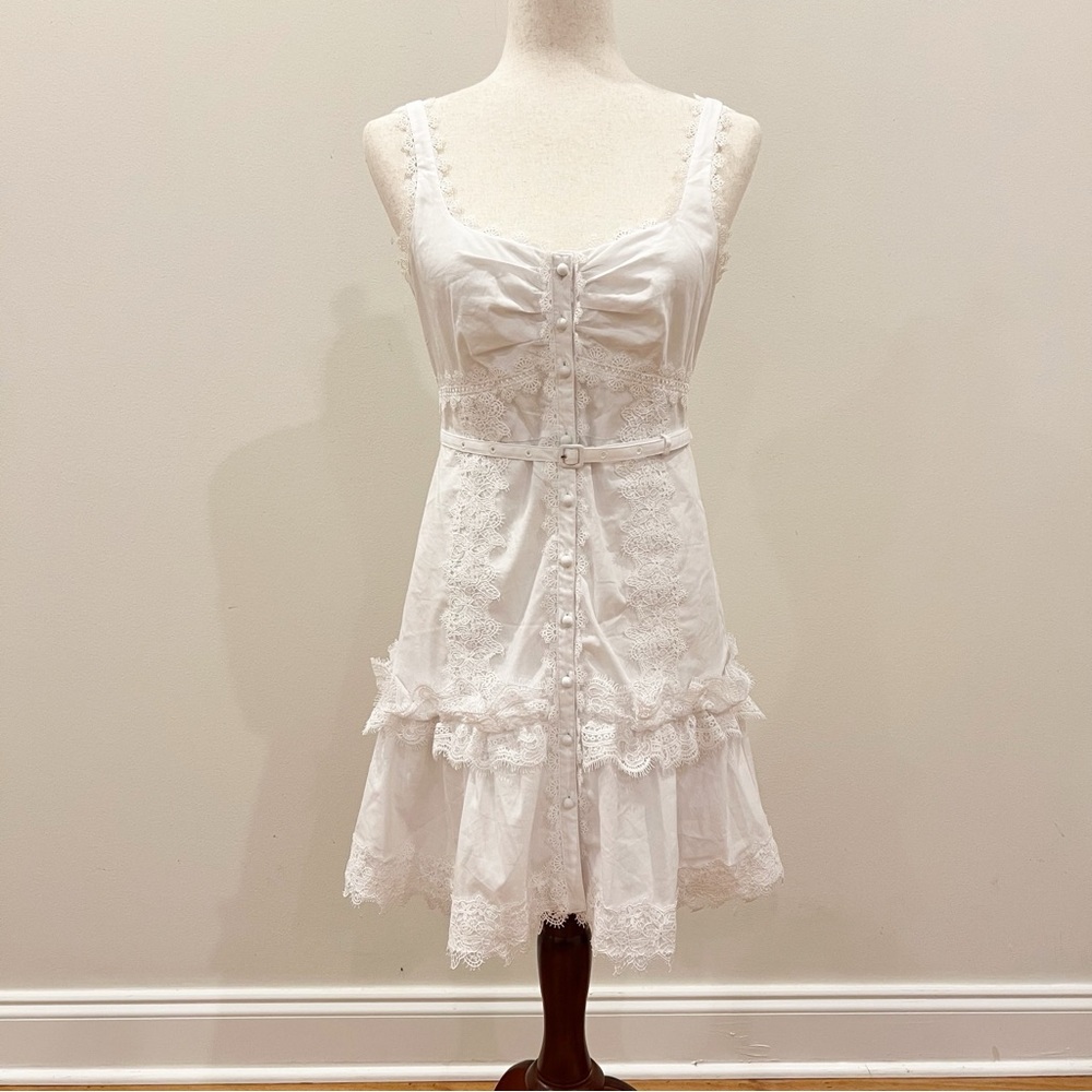 Cinq à Sept Dress Womens 2 White Aziza Lace Mini Corset Belt Ruffles Coquette